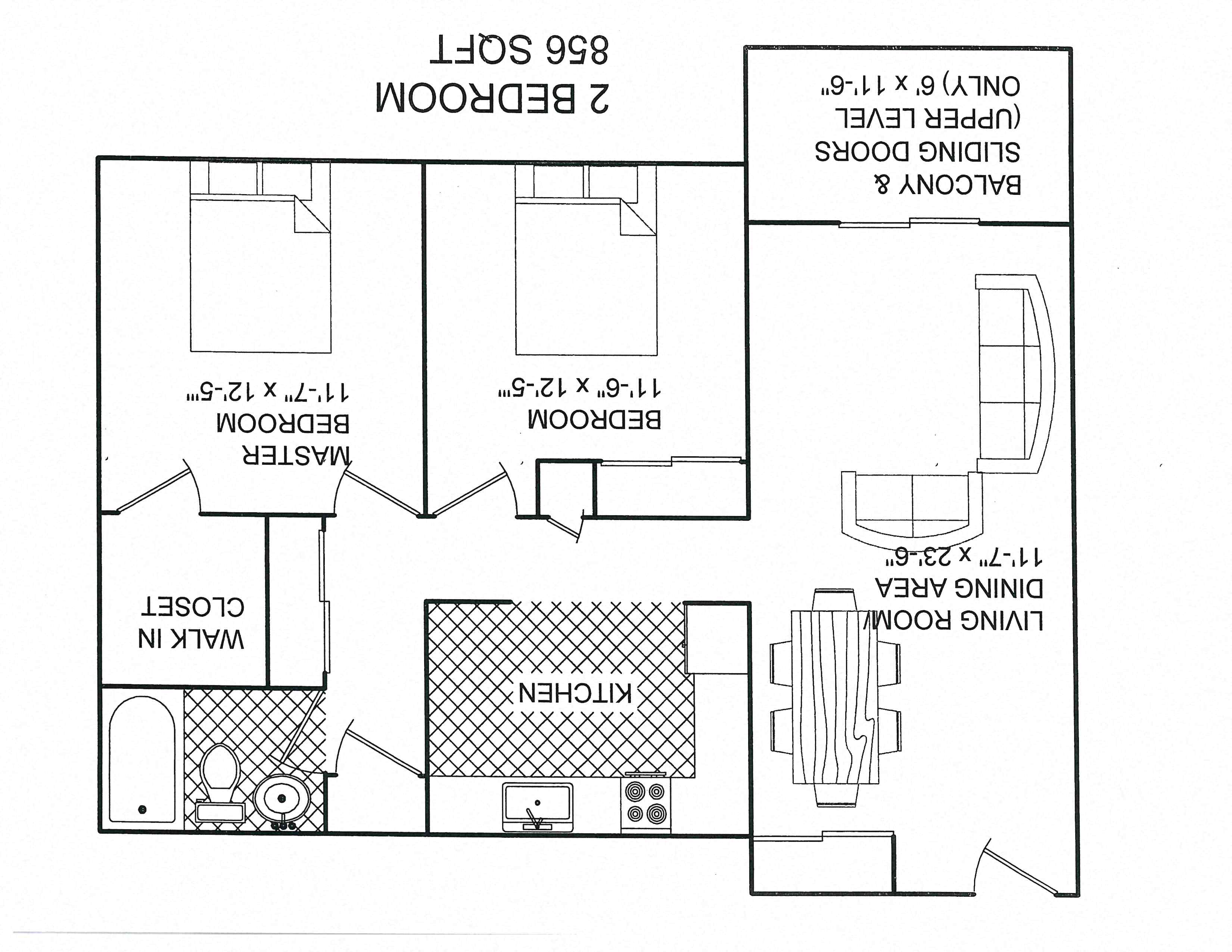 Floor plan for 2 beds, 1 bath, 856 sqft